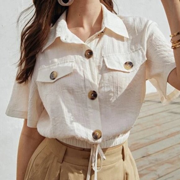 Tops - Beige Button Down Blouse in XS